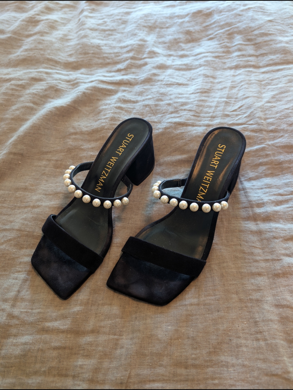 Stuart Weitzman Black Pearl-Trim Block Heel Sandals